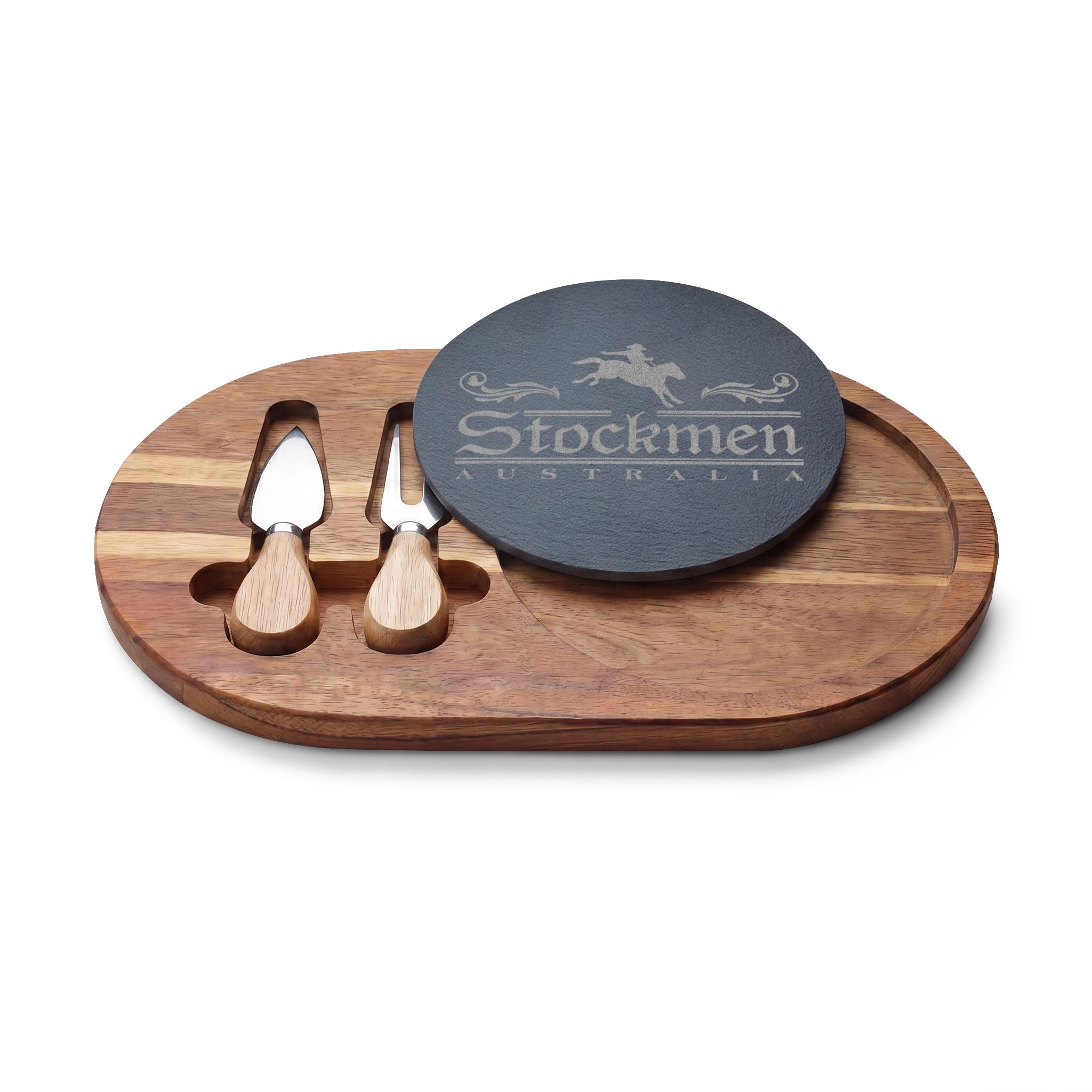 Stockmen engraved Acacia Charcuterie Board with Slate Insert & Cheese Knives